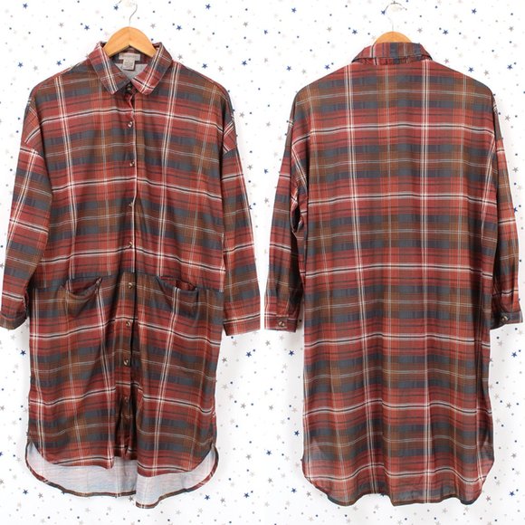 Plaid Button Up Long Shirt Dress Rust - Picture 1 of 8